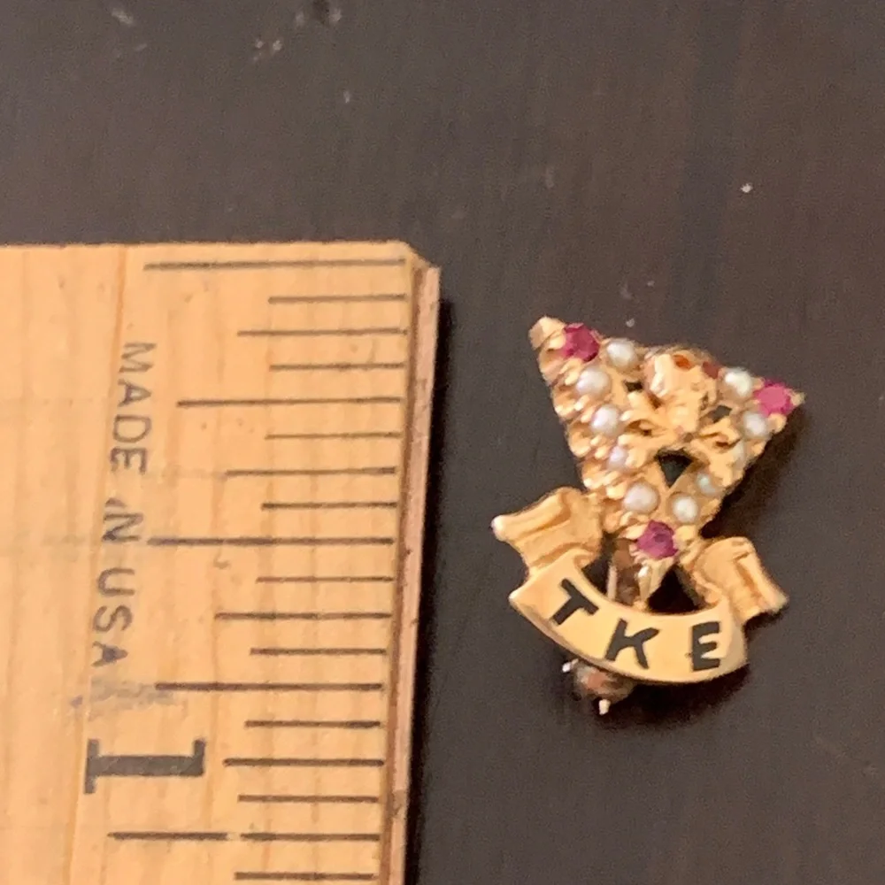 Vintage TKE 14kt Skull & Crossbones Sweetheart Pin with Ruby and Pearl Accents